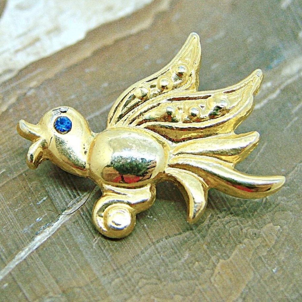 Vintage Road Runner Bird Brooch Blue Sapphire? Crystal Rhinestones Gold Tone 1x1